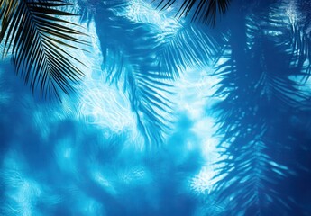 Tranquil Reflection of Palm Shadows on Clear Blue Swimming Pool Water in Tropical Paradise Setting
