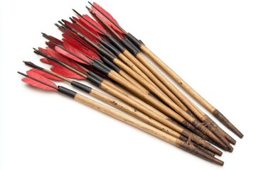 Handcrafted arrows with vibrant red fletching on a white background isolated on transparent background