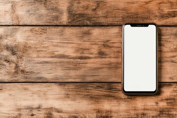 A modern smartphone with a blank white screen placed on a rustic wooden table. Generative AI