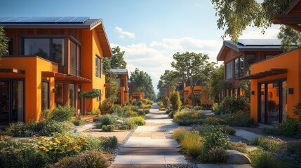 Fototapeta premium Colorful sustainable community with green spaces and solar-powered homes. Generative AI