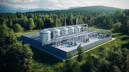 Aerial View of Industrial Plant with Cylindrical Tanks Surrounded by Forest, Industry, Manufacturing