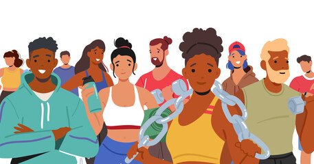 Crowd of fitness people, athletic man and woman characters wearing activewear holding fit equipment