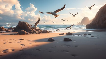 Naklejka premium A picturesque beach scene at sunset featuring seagulls soaring above gentle waves, with sandy footprints leading toward a tranquil ocean landscape. 