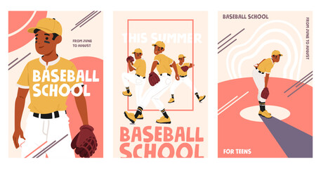 Set of school baseball game tournament, sports summer camp for young champion advertisement posters