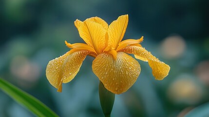 Fototapeta premium Close-up of a bright yellow iris with dew drops. Botanical garden setting. Stock photo