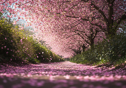 Un paseo en plena floraci&oacute;n de cerezos en flor.Flores de primavera, caminos de flores de cerezo.