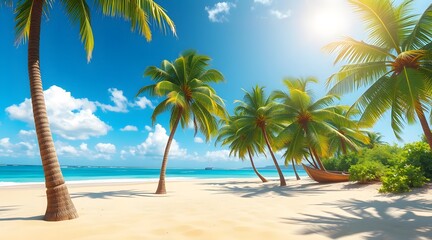 Obraz premium Idyllic tropical beach with palm trees, soft sand, and clear ocean water, ideal for relaxation and summer vacations. 