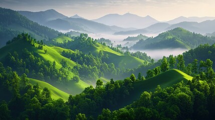 Obraz premium A stunning panorama of a verdant hillside dotted with towering trees, shrouded in mist amidst a serene valley below
