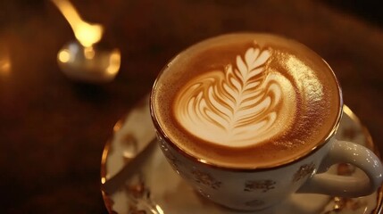Exquisite Coffee Art with Intricate Leaf Pattern in a Creamy Latte Served in an Elegant White Cup on a Beautifully Decorated Saucer