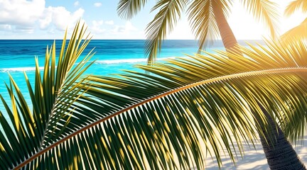 Fototapeta premium Tropical beach scene featuring lush palm trees with sunlight glistening over turquoise waters, perfect for a serene vacation getaway. 