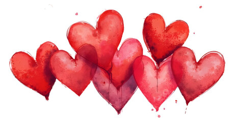 Red watercolor hearts, vibrant and textured, expressive and romantic on white background

