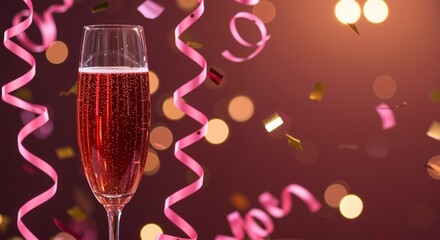 Sparkling champagne glass adorned with pink ribbons and confetti, celebrating a festive occasion with vibrant colors and an uplifting atmosphere