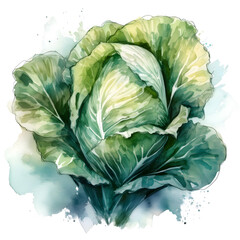 Obraz premium A watercolor painting of a green cabbage, its leaves rendered with soft washes and intricate details against a white background