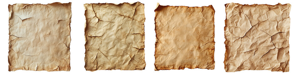 Set Of Four Square Brown Beige Vintage Aged Worn Paper Textures Isolated On A Transparent Bac