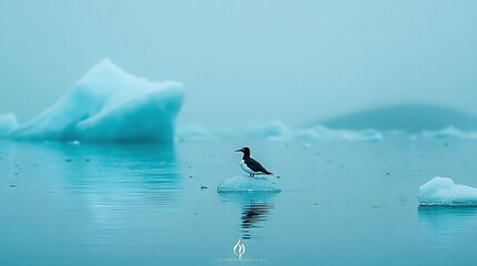 Fototapeta premium A bird perched atop an iceberg amidst a waterbody surrounded by icebergs