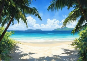 Tranquil Tropical Beach View Surrounded by Lush Green Palms and Clear Blue Ocean Effectively Capturing Paradise in a Serene Landscape
