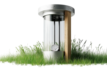 A modern hourglass structure nestled in lush green grass showcases the passage of time in nature isolated on transparent background
