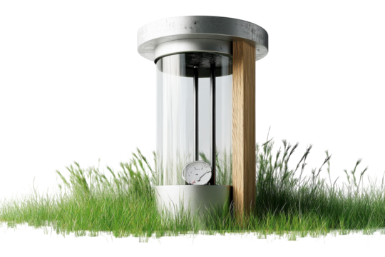 A modern hourglass structure nestled in lush green grass showcases the passage of time in nature isolated on transparent background - Powered by Adobe