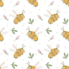 Seamless pattern with cute bees, pink flowers, plants, Bee illustration, Bee pattern, kids fabric design, childs textile pattern, watercolor