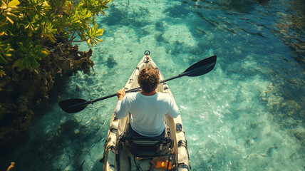 Exploring serene tropical inshore flats by kayak under bright sunlight