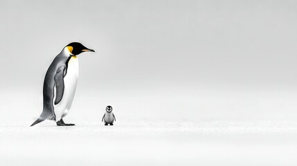 Fototapeta premium A pair of penguins huddled together on a snowy terrain with a young one in the lead