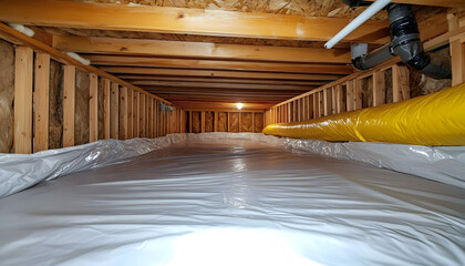 Empty crawl space with thermoregulatory blankets, radon mitigation system. Interior view of modern home improvement project showing encapsulated crawl space. Insulation, waterproofing, radon control