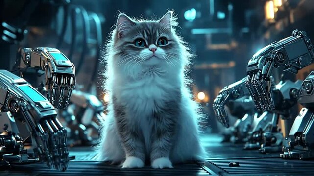 Cute cat surrounded by futuristic robots.  Possible use for greeting card or social media post