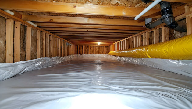 Empty crawl space with thermoregulatory blankets, radon mitigation system. Interior view of modern home improvement project showing encapsulated crawl space. Insulation, waterproofing, radon control