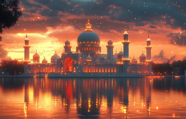 Glowing Palace at Sunset Reflecting on a Calm Lake

