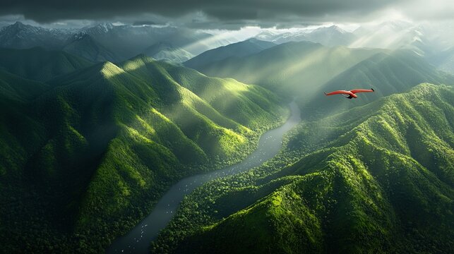   A majestic bird soars above a verdant hillside with rolling green hills and a meandering river below
