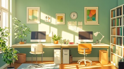 Sunny home office interior with two computers