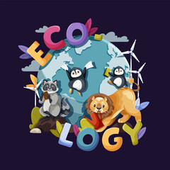 Fototapeta premium Colorful illustration with lion, penguins and raccoon grouped around the planet Earth, representing unity and care for the environment, ecology clipart on a dark background