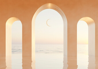 Elegant arches mockup overlooking a calm sea under a crescent moon. Soft pastel tones create a dreamy atmosphere.