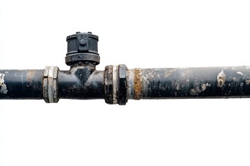 Rusty water pipe with a valve against a stark white background highlighting urban decay isolated on transparent background