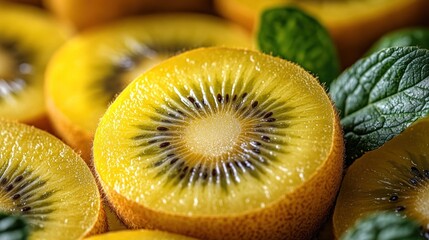 Close-up of Golden Kiwi Slices with Mint Leaves