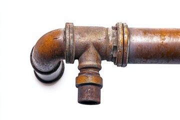 Rusty metal pipe joint with water passage, showcasing aging and wear, captured in bright light isolated on transparent background