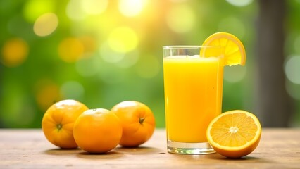 Fototapeta premium Fresh Orange Juice with Sliced Oranges on Wooden Table in Sunny Light
