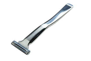 A sleek metal razor resting on a pristine white surface, reflecting elegance and precision isolated on transparent background