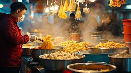 Asian market street food vendor preparing noodles at night. Possible use Stock photo for food tourism, culture, or travel