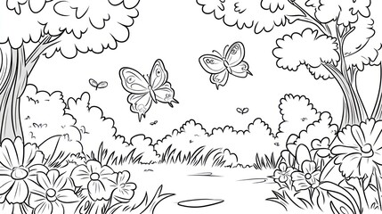 Forest scene with butterflies, coloring book style