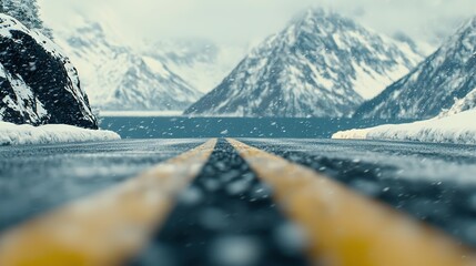   A road on a mountain range with snow on the ground and a yellow stripe down the center