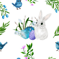 Beautiful colourful eggs, blue birds, white rabbit, snowdrops, green branches, on a white background, seamless pattern. Watercolor digital illustration. For fabric, textiles,wrappers, covers, prints
