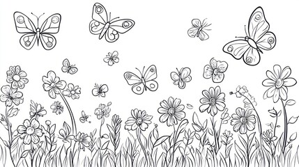 Fototapeta premium Black and white butterflies and flowers, coloring book illustration, spring scene, for kids