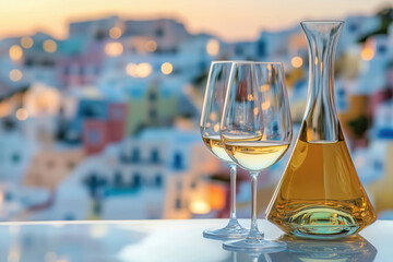 White wine in glasses and decanter served with a view of the island