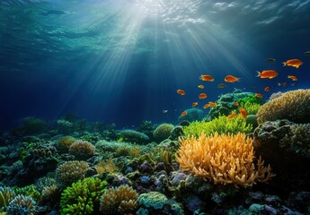 Naklejka premium Underwater Coral Reef with Vibrant Marine Life Illuminated by Sunlight Rays in a Serene Ocean Environment