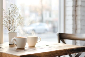Fototapeta premium Two steaming cups of coffee sitting on rustic table by window in cafe