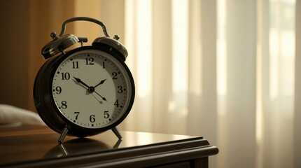 Naklejka premium A classic alarm clock sits on a bedside table, bathed in the warm glow of morning sunlight.
