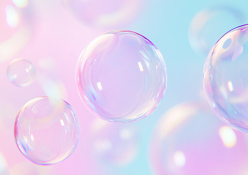 Floating transparent soap bubbles with iridescent reflections. Soft pastel background in pink and blue tones.