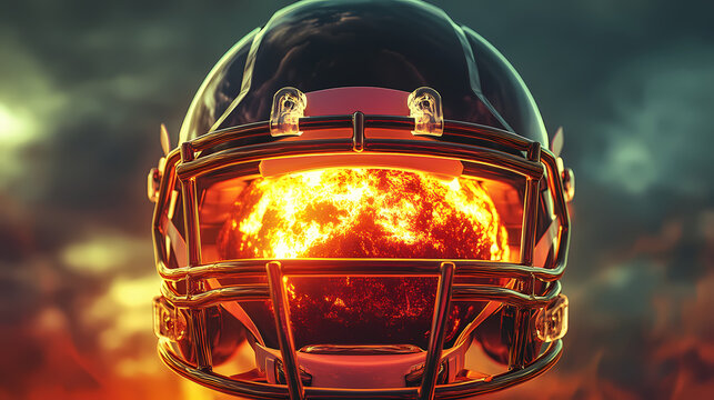 A football helmet visor reflecting the action on the field, showcasing the intensity of the game. Intensity - Volcano. Illustration