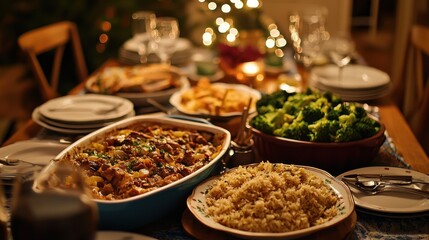 Obraz premium A table full of food with a variety of dishes including broccoli, rice, and meat